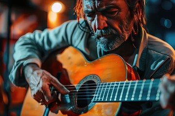 Fototapeta premium A close-up portrait of a musician playing an acoustic guitar with expressive emotions during a live performance