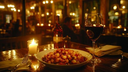 Fototapeta premium Couple enjoys intimate dining experience featuring beautifully plated gourmet dish accompanied glass of red wine in cozy candlelit restaurant setting.