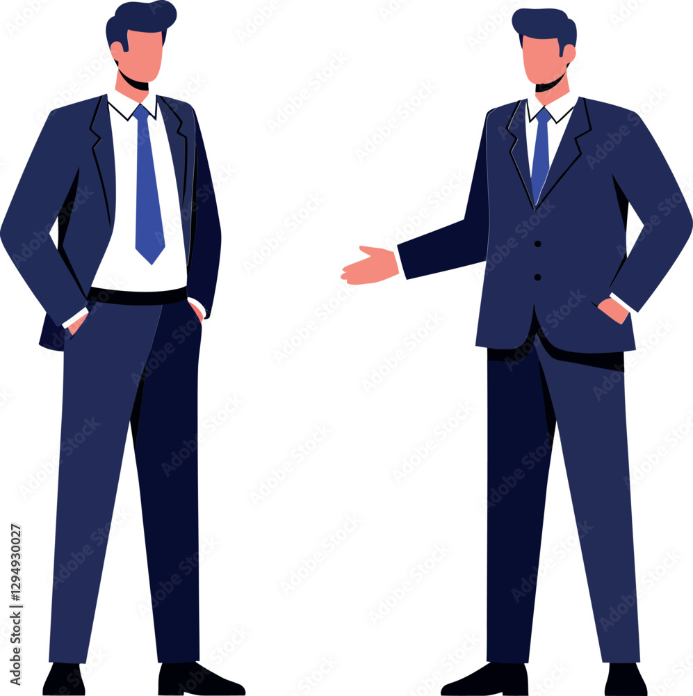 Poster two business professionals in dark suits engaging in conversation with a minimal and modern design s
