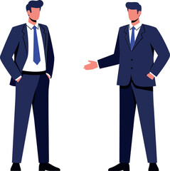 Two business professionals in dark suits engaging in conversation with a minimal and modern design style vector illustration