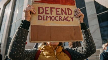 Protester Holding a "Defend Democracy" Sign
