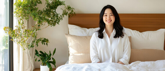 woman sitting on bed, smiling in bright, modern bedroom with plants