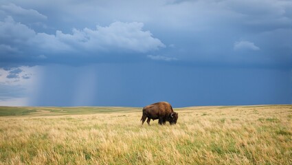 Fototapeta premium Majestic bison standing in a vast golden prairie under a dramatic sky with storm clouds approaching in the distance