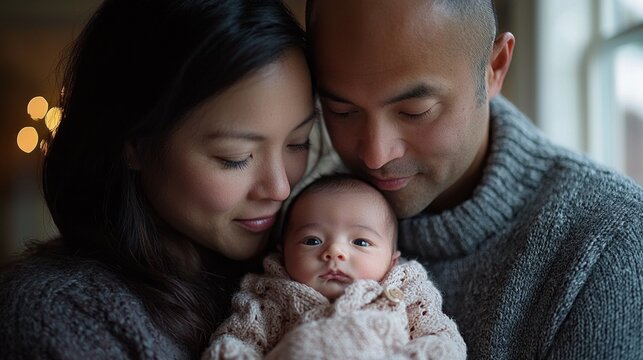 In cozy setting interracial adoptive parents lovingly cradle their newborn gazing their baby joy. scene captures essence of family and unconditional love.