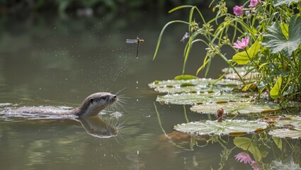 Naklejka premium A sleek river otter swimming near lily pads under the summer sunlight with dragonflies and wildflowers creating a picturesque scene