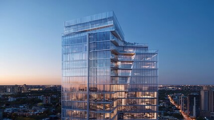 Fototapeta premium Modern glass skyscraper at sunset, city view. (2)