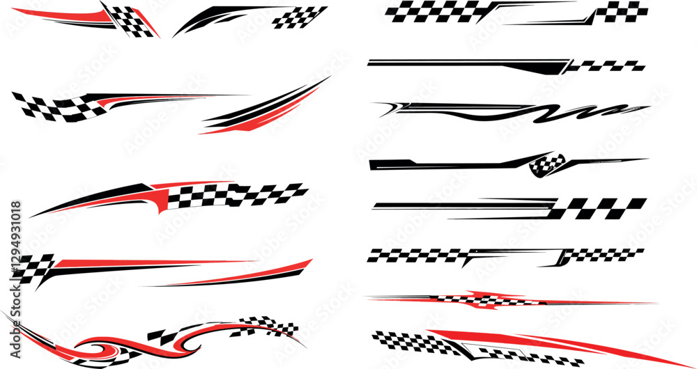 Aufkleber dynamic racing stripes in black and red colors with checkered patterns in a flat vector illustration