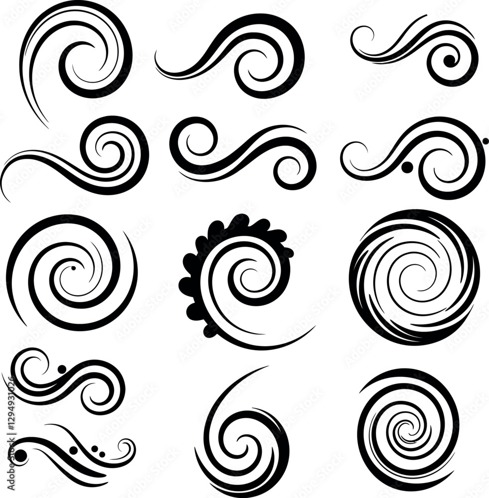 Poster abstract swirling shapes in black and white featuring curved lines and spirals in a minimal design v