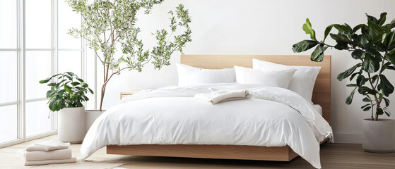 serene bedroom featuring minimalist design with white bed, soft linens, and lush greenery