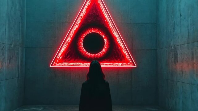 Person stands in a dimly lit room gazing at a glowing red triangle with an ominous circular eye