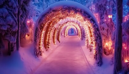 Snowy path, light arches, winter wonderland