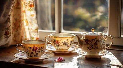 Fototapeta premium Vintage tea set on windowsill in sunlight.