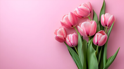 Fototapeta premium Beautiful Spring Tulips on Soft Pink Backdrop with Copy Space