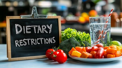 A balanced meal emphasizing dietary restrictions with fresh vegetables and water, promoting healthy eating habits.