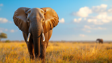 Obraz premium Vibrant African elephant roaming in savannah under clear blue sky