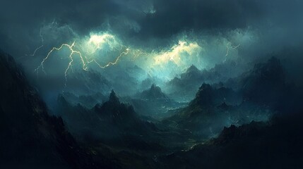 Obraz premium Dramatic lightning storm over dark mountain range.