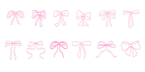 A collection of twelve pink hand-drawn bow illustrations in a minimalistic style. Perfect for decorative, feminine, or vintage-themed designs. Vector illustration