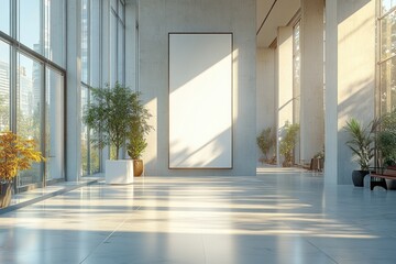 Fototapeta premium Minimalist Banner Mockup in Modern Bright Room with Window and Natural Light