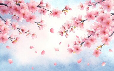 Fototapeta premium Cherry Blossom Framed by Petals in Spring Sky Watercolor Illustration