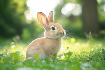 Fototapeta premium Cute Brown Rabbit Sitting on Green Grass in Soft Focus with Dappled Sunlight