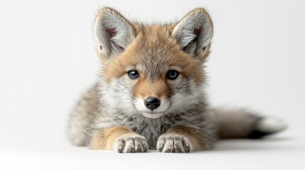 Fototapeta premium Fluffy golden brown fur covers baby coyote pup as it stands on neutral background. Its wide eyes are alert and small paws press lightly against ground showcasing youthful curiosity.
