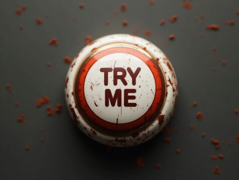 Big red try me button invites pushing on gray background