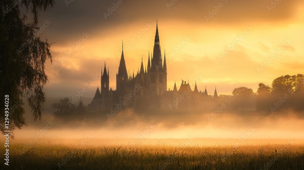 Wall mural Misty sunrise over a Gothic castle.