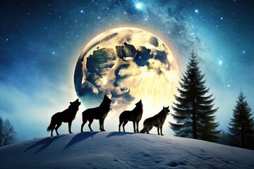 Majestic Wolves Howling at Full Moon - Night Landscape Photography, Architectural Photography, Winter, Cold Night