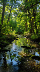 Obraz premium Serene Forest Stream with Sunlight Filtering Through The Trees Creating a Tranquil Atmosphere