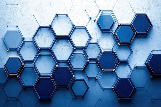 Geometric Abstract Art with Hexagons and Circles in Blue Shades for Science and Technology