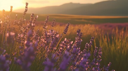 Naklejka premium Golden hour sunset over a lavender field.