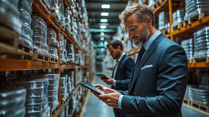 Naklejka premium Businessmen with tablets monitoring stock levels in distribution center