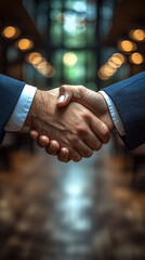 Close up of professional handshake with glowing lights in background
