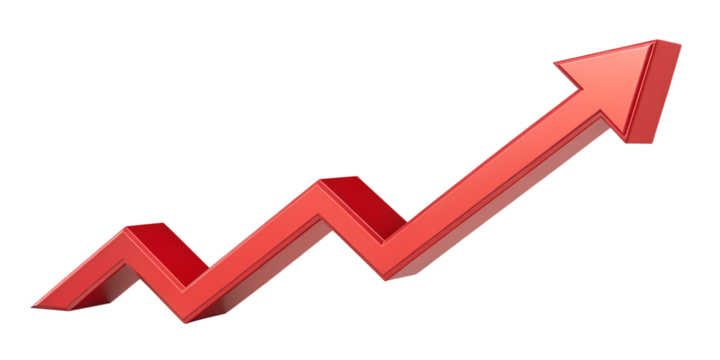 Red Upward Arrow with Zigzag Path, Isolated on Transparent Background