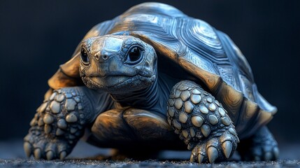 baby African spurred tortoise moves slowly over white background. Its detailed sand colored shell and wrinkled face give it endearing appearance evoking curiosity and admiration.