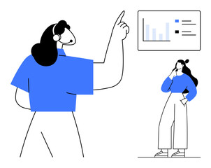 Two individuals analyze a bar chart. One points confidently, the other contemplates. Ideal for teamwork, presentations, strategy, data analysis, communication, planning collaboration metaphors