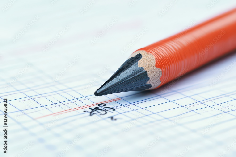 Poster close-up of a sharpened orange pencil resting on graph paper with faint handwritten notes
