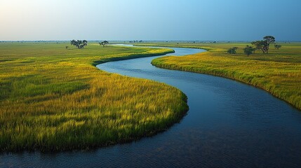 Fototapeta premium Serene winding river flowing through lush green fields under a clear blue sky at dusk