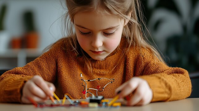 Young girl in orange sweater focused intently on small objects, possibly toys or crafts, on table, showcasing childhood concentration.
