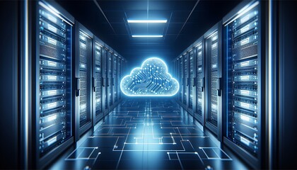 Modern data center with cloud computing technology, featuring advanced server infrastructure and digital connectivity.
