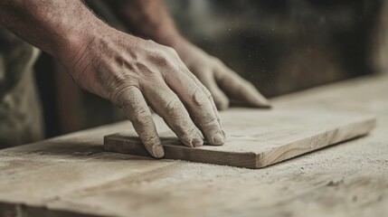 Carpenter sanding wood in workshop