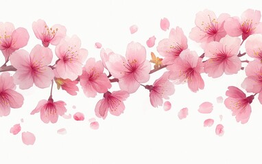 Fototapeta premium Cherry Blossom Spring Bloom Watercolor Illustration Floral Nature Branch Frame Pink Petals