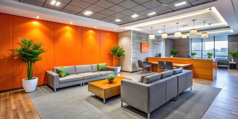 Modern Reception Area Design: Orange Accent Wall, Gray Seating, Minimalist Decor