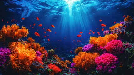 Vibrant coral reef teeming with colorful fish under sunlit ocean waters, showcasing marine biodiversity