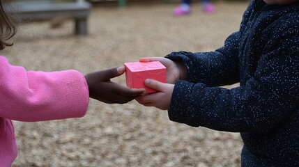 Close-up of children's hands exchanging a small pink gift box, symbolizing friendship and generosity in a playground setting.
