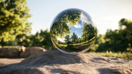 Clear glass ball resting on a rock in a serene forest setting surrounded by trees and natural foliage