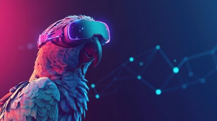 Parrot in VR headset, data visualization background, tech concept