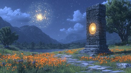 Towering stone altar stands on hidden island surrounded vibrant wildflowers. Golden runes glow while celestial disk spins slowly revealing ancient constellations overhead.