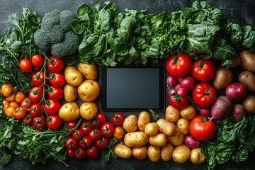 Healthy Diet App on Tablet Surrounded by Fresh Vegetables and Fruits