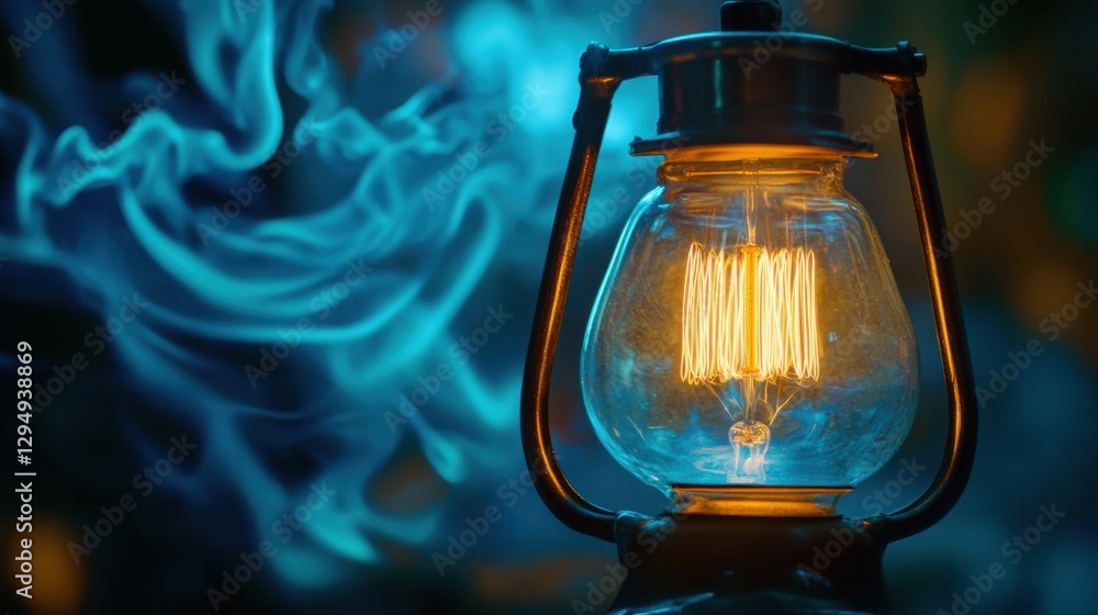 Poster glowing gas lamp illuminating a dimly lit room with swirling smoke at twilight. generative ai